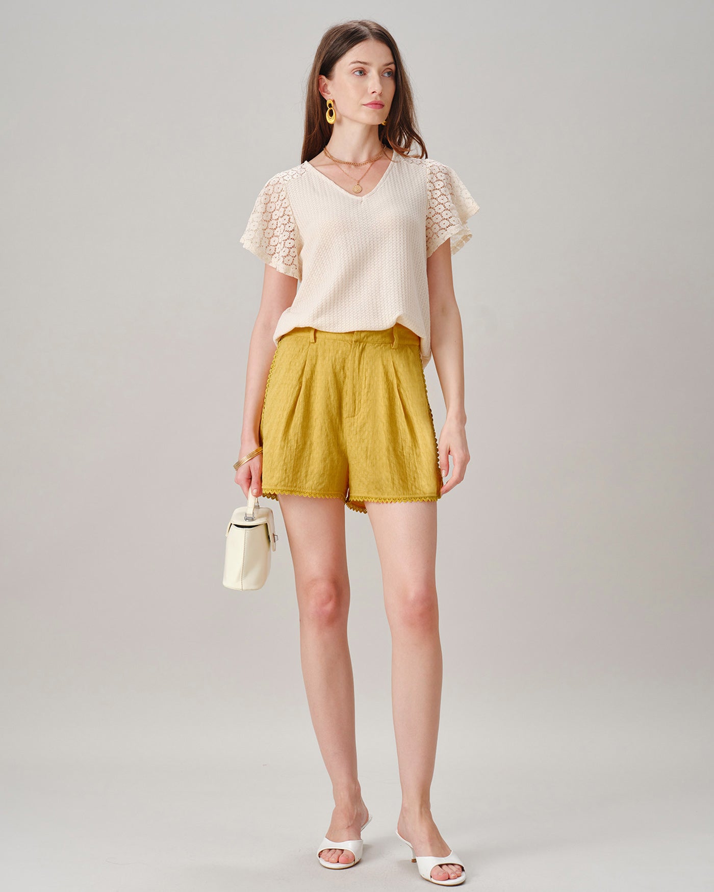 Yellow Solid Lace Pockets Shorts