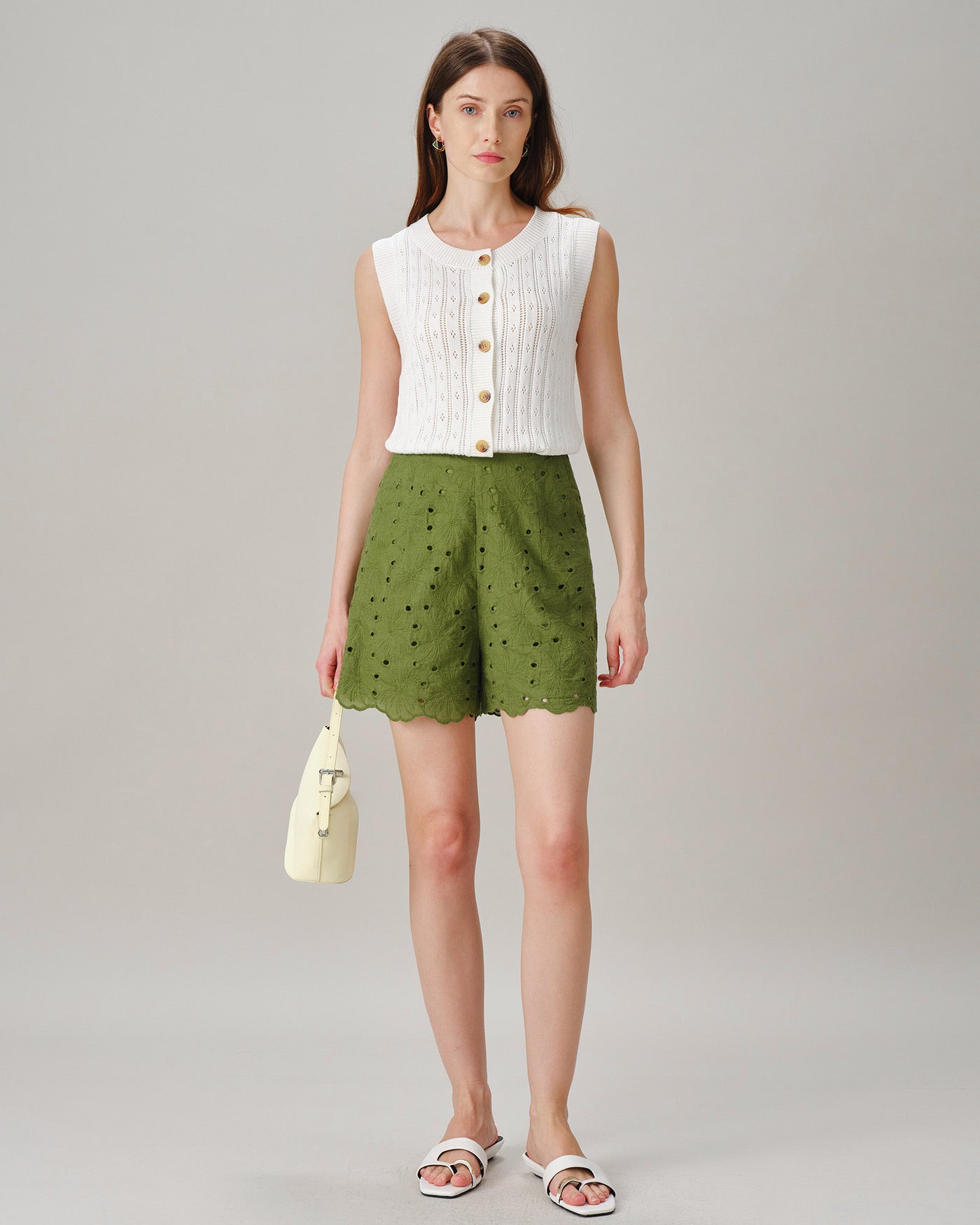 Green Cut Out Embroidery Pockets Shorts
