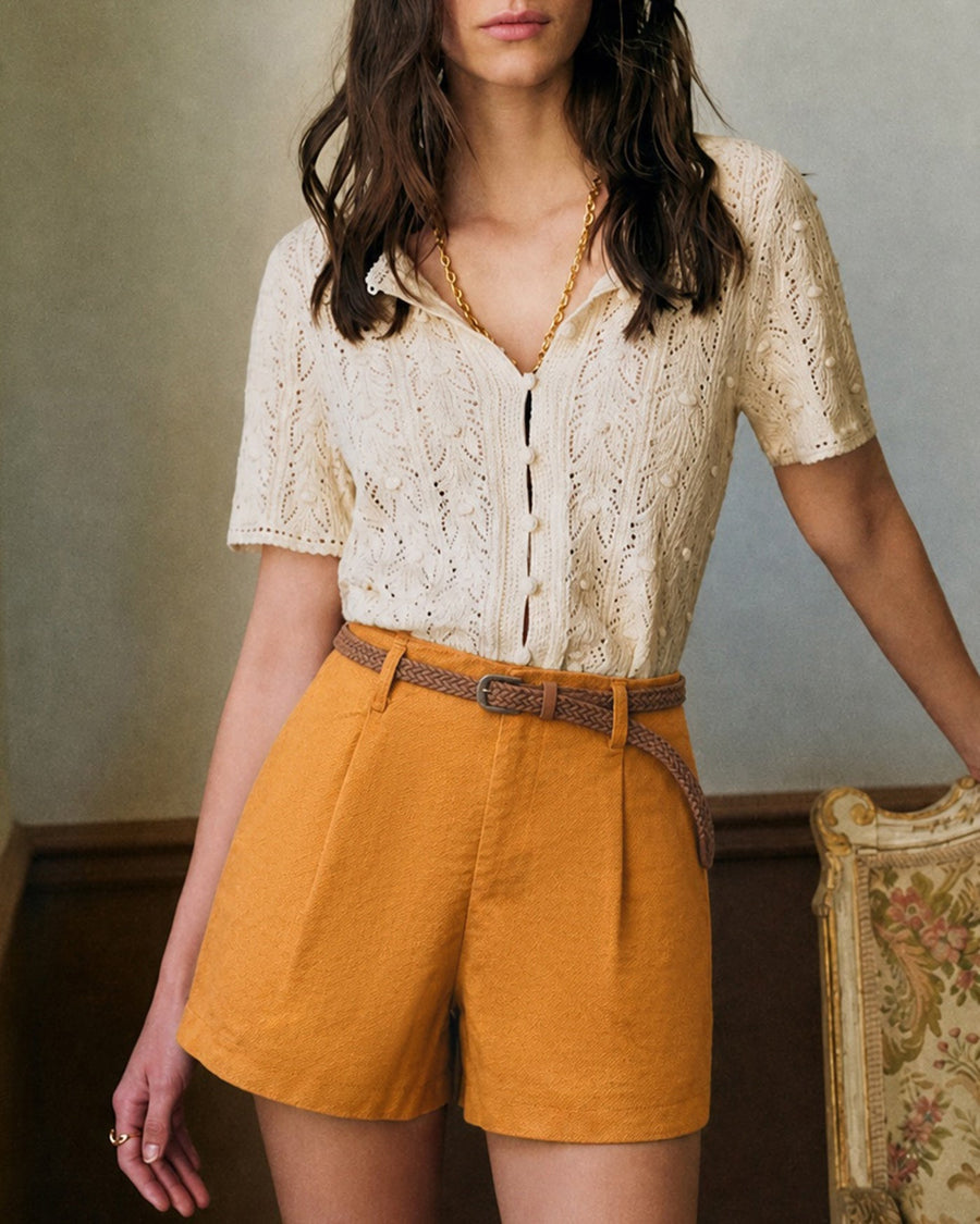 Yellow Solid Belt Pockets Shorts