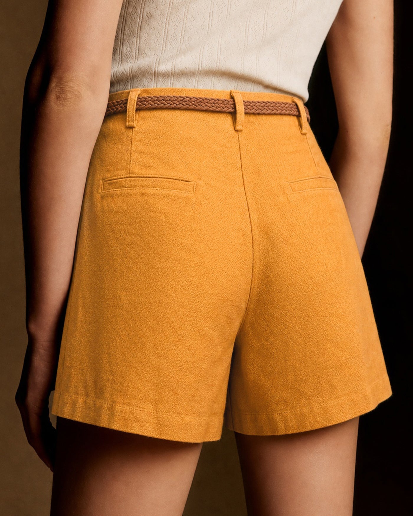 Yellow Solid Belt Pockets Shorts