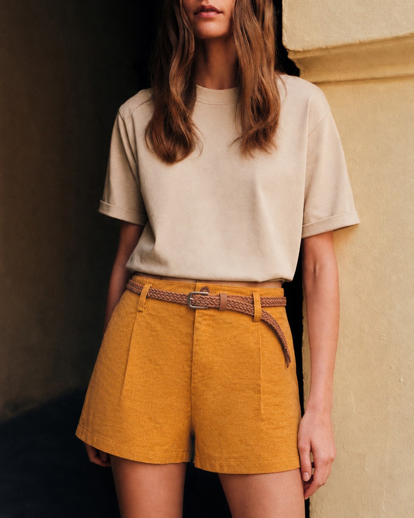 Yellow Solid Belt Pockets Shorts