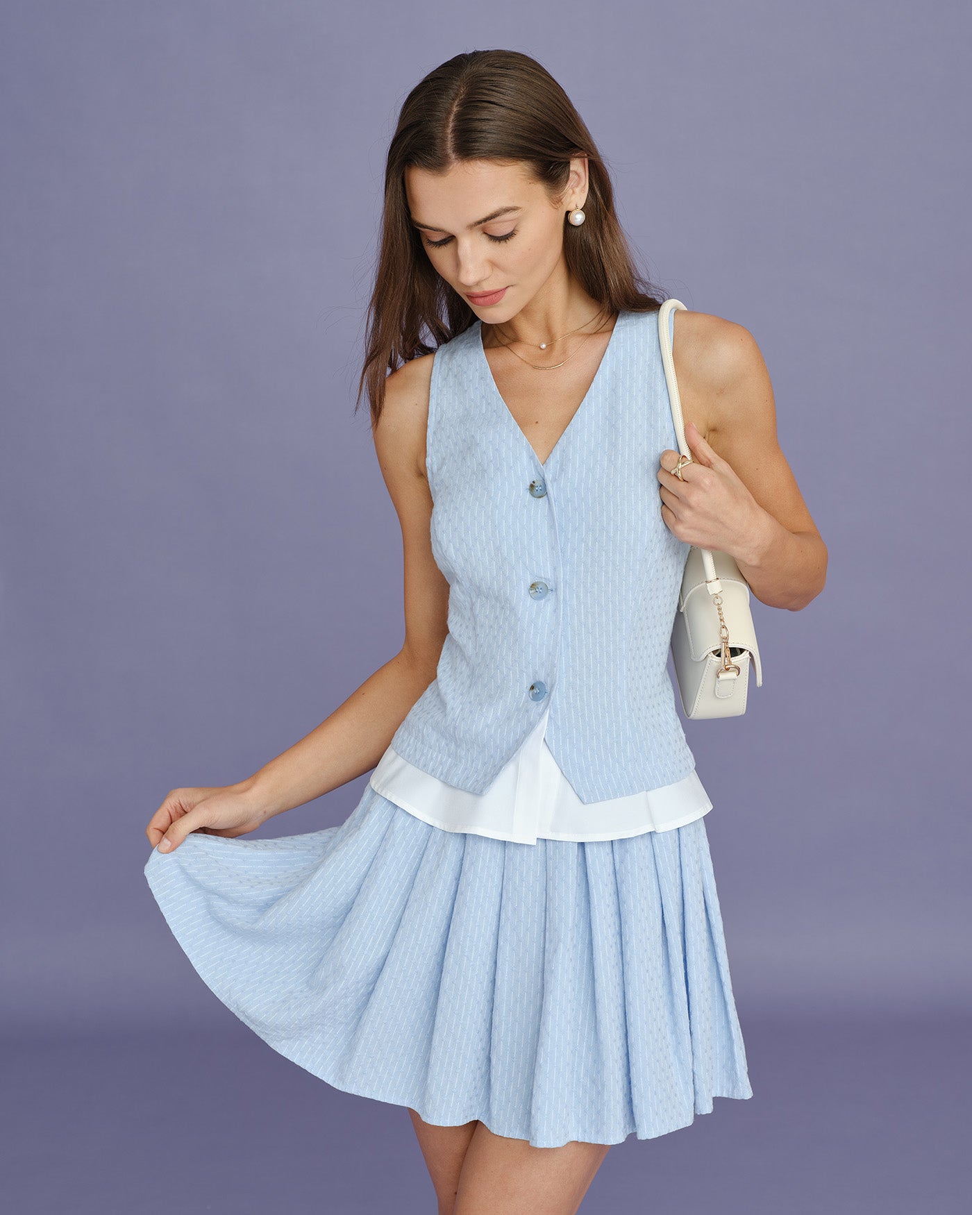 Blue Textured Pleated Mini Skirt