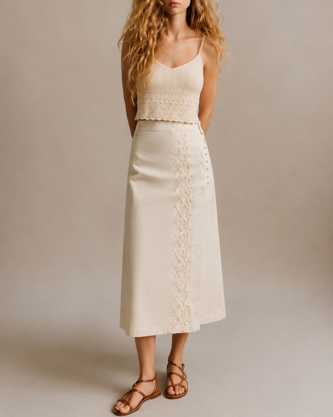 Beige Elastic Waist Pockets Lace Midi Skirt
