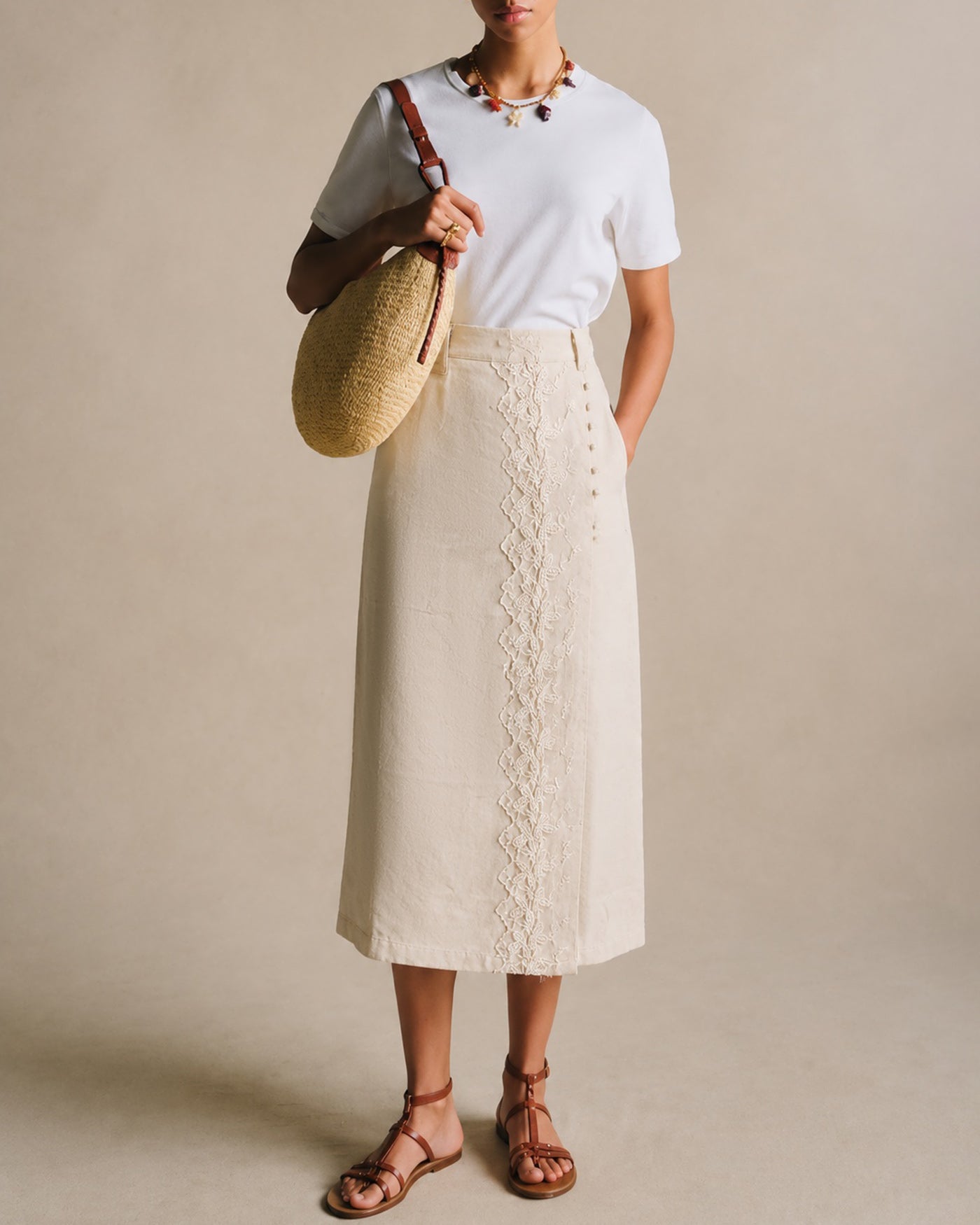 Beige Elastic Waist Pockets Lace Midi Skirt