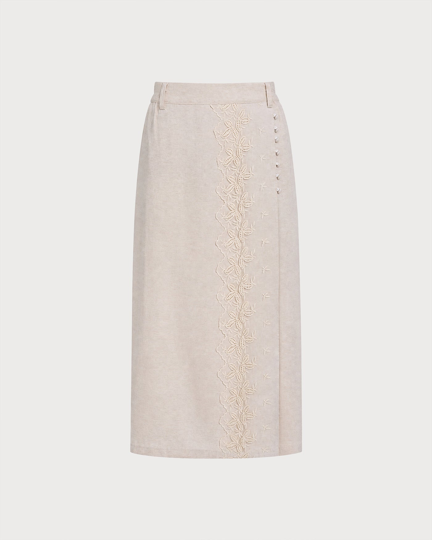 Beige Elastic Waist Pockets Lace Midi Skirt