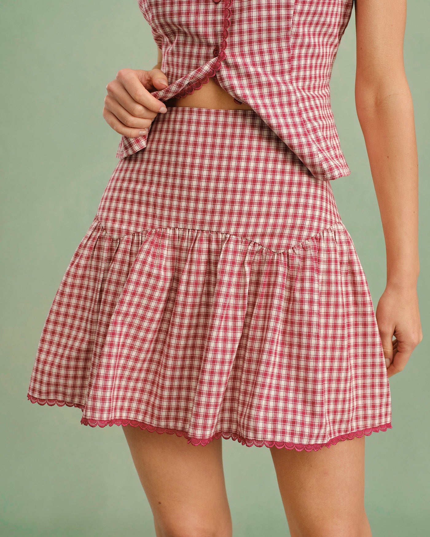 Red Plaid Ruched Mini Skirt
