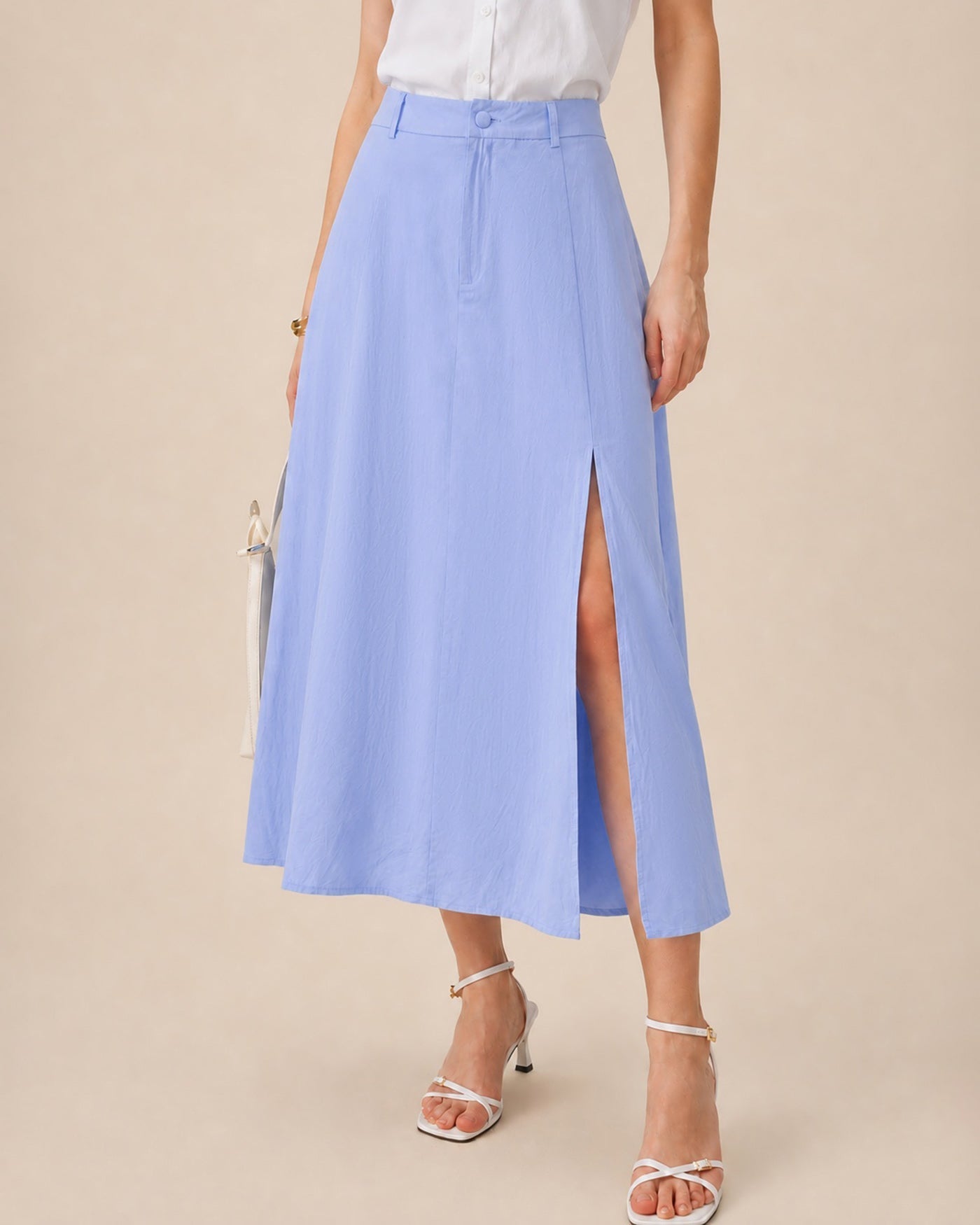 Blue Button Slit A-Line Midi Skirt