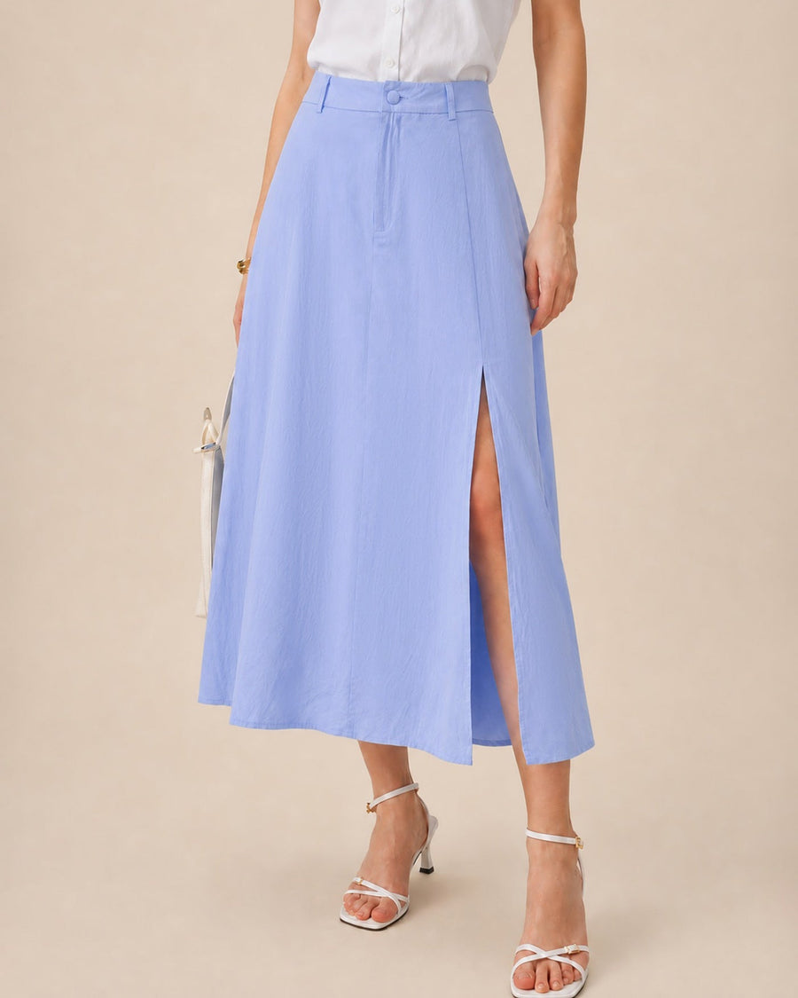 Blue Button Slit A-Line Midi Skirt