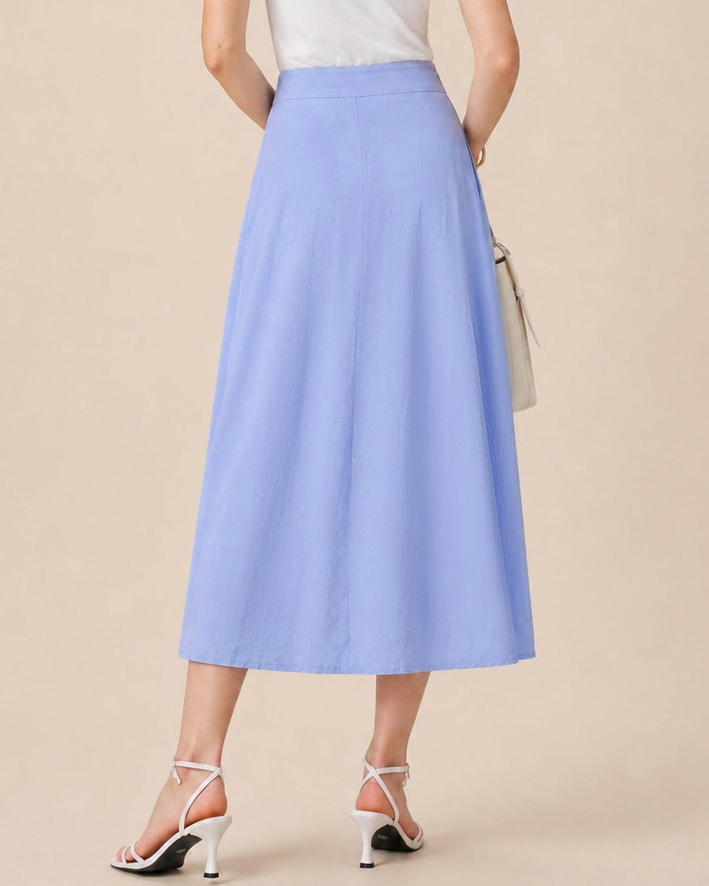 Blue Button Slit A-Line Midi Skirt