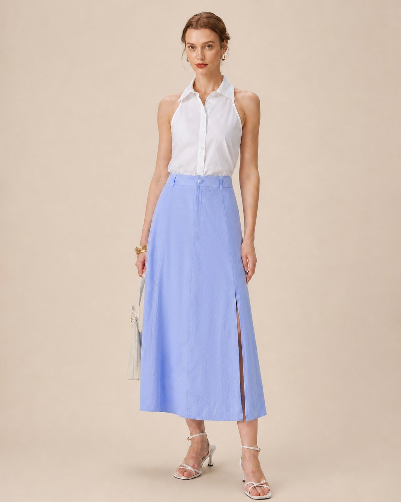 Blue Button Slit A-Line Midi Skirt