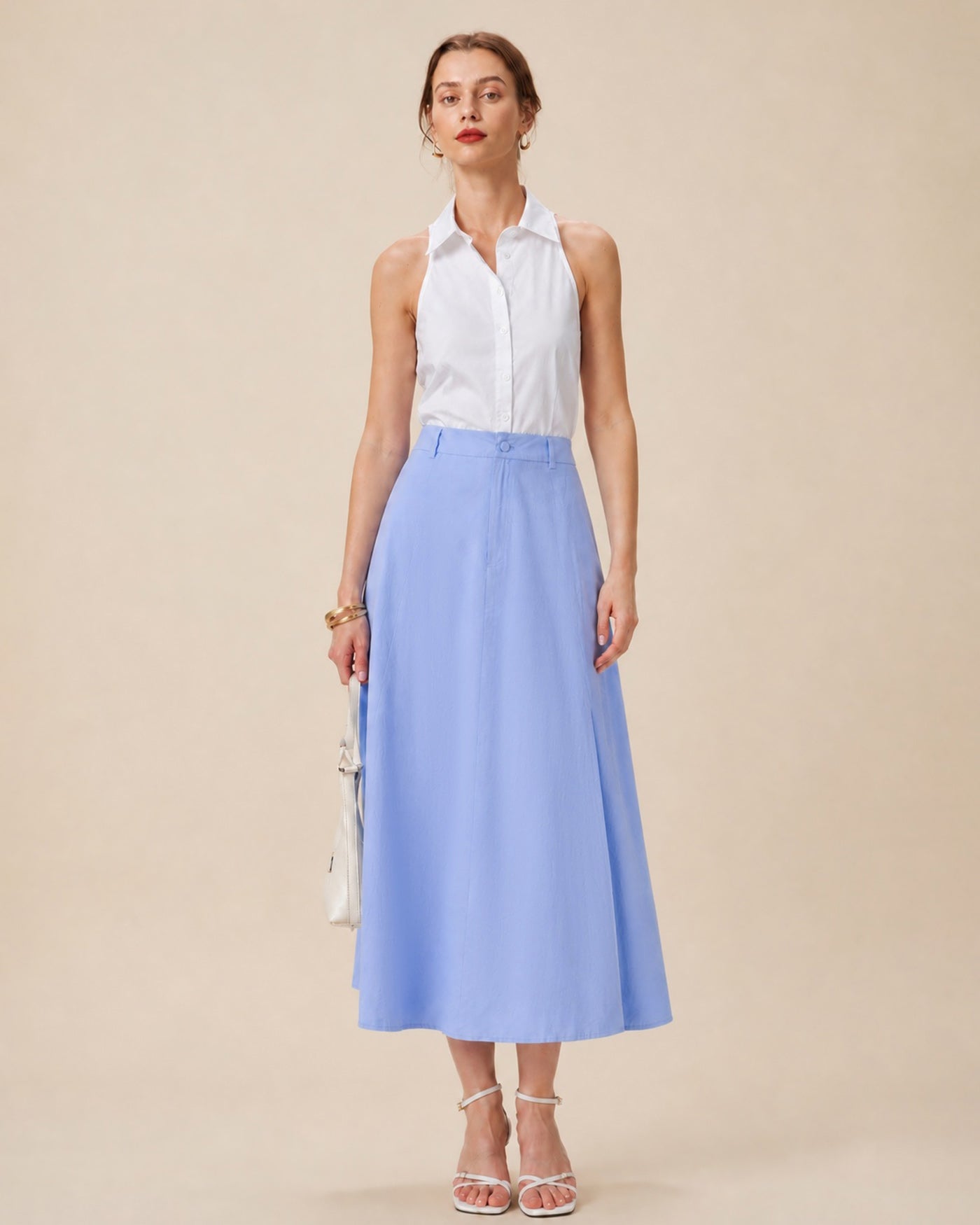 Blue Button Slit A-Line Midi Skirt