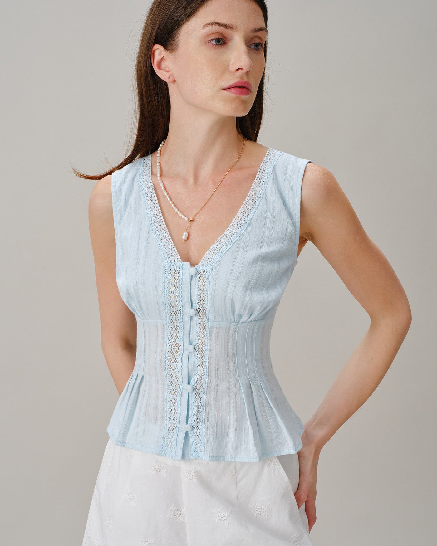 Blue V Neck Lace Button Tank Top