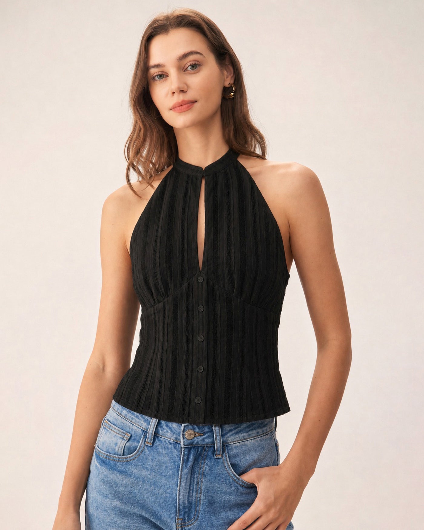 Black Mandarin Collar Cut Out Tank Top