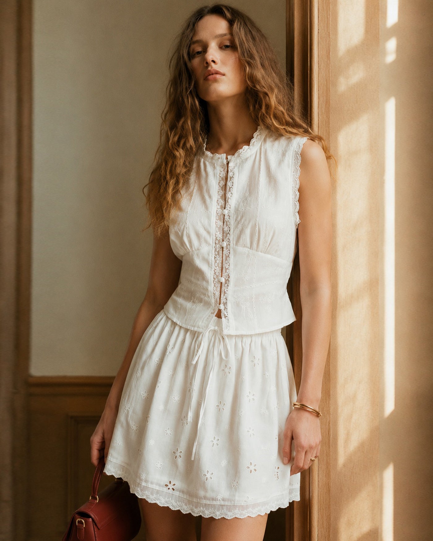 White Embroidery Lace Button Tank Top