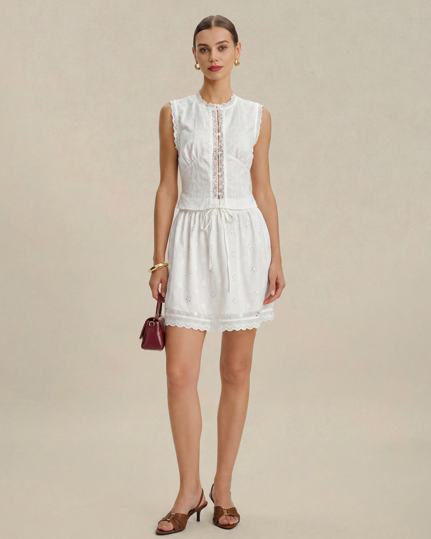 White Embroidery Lace Button Tank Top