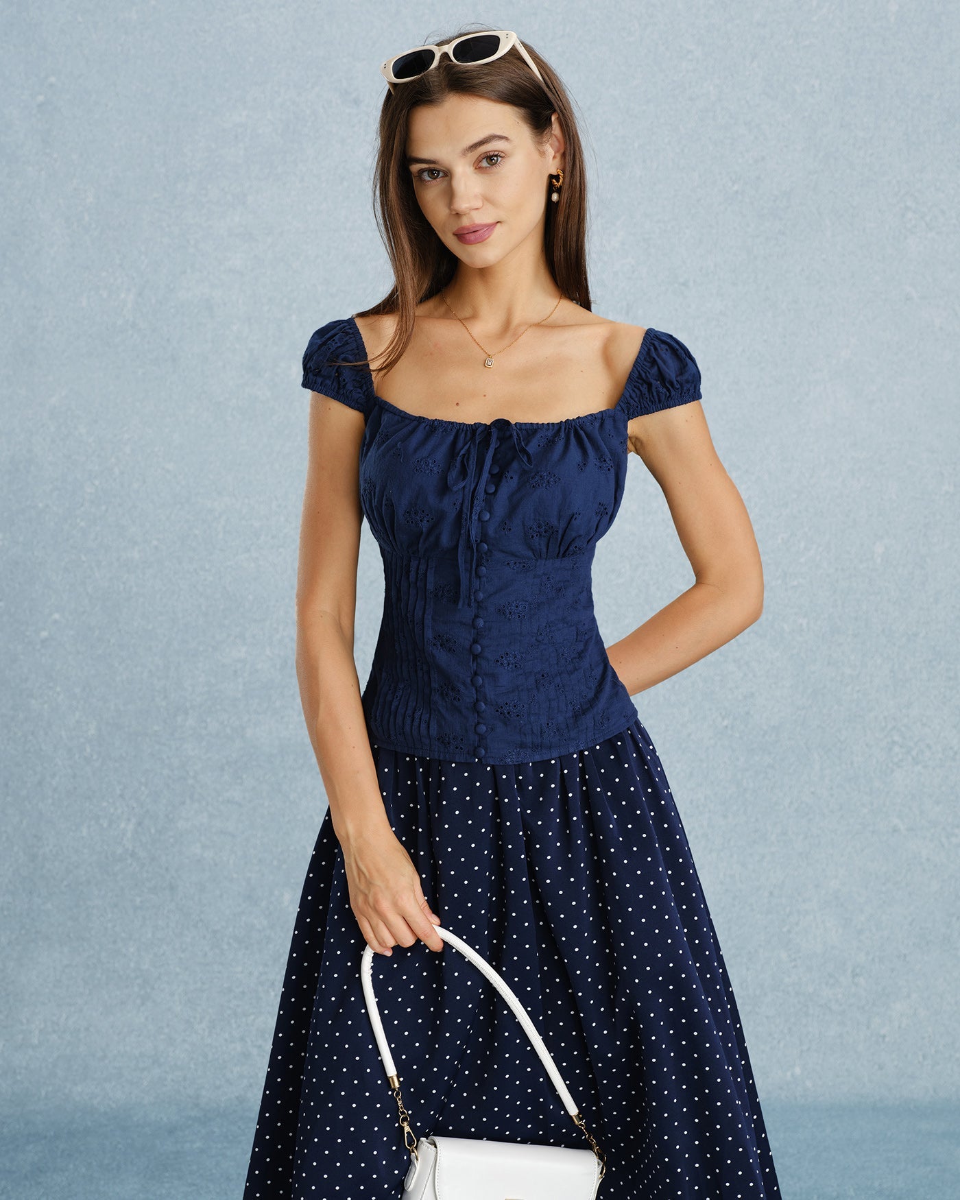 Navy Square Neck Tie Button Tank Top
