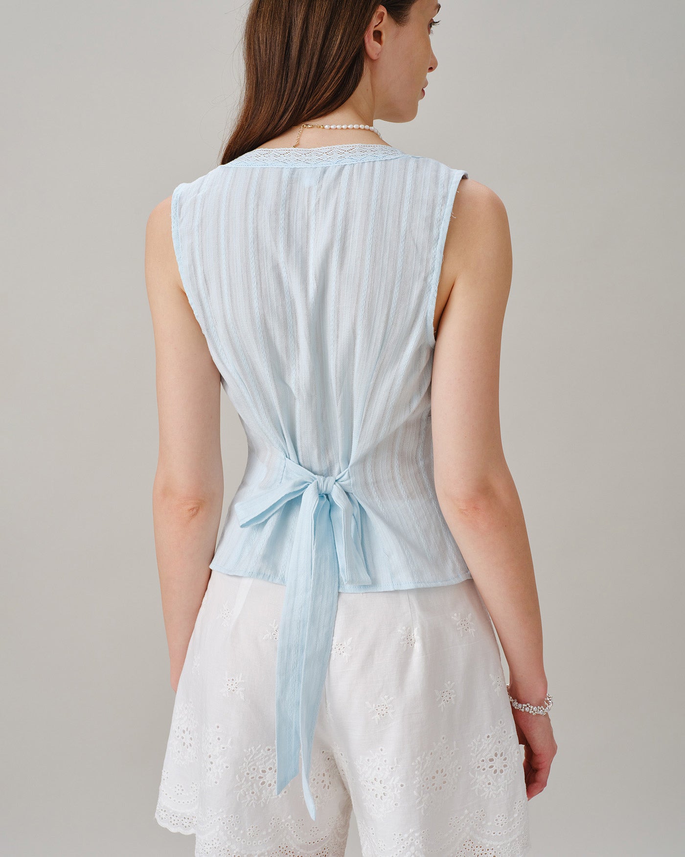 Blue V Neck Lace Button Tank Top