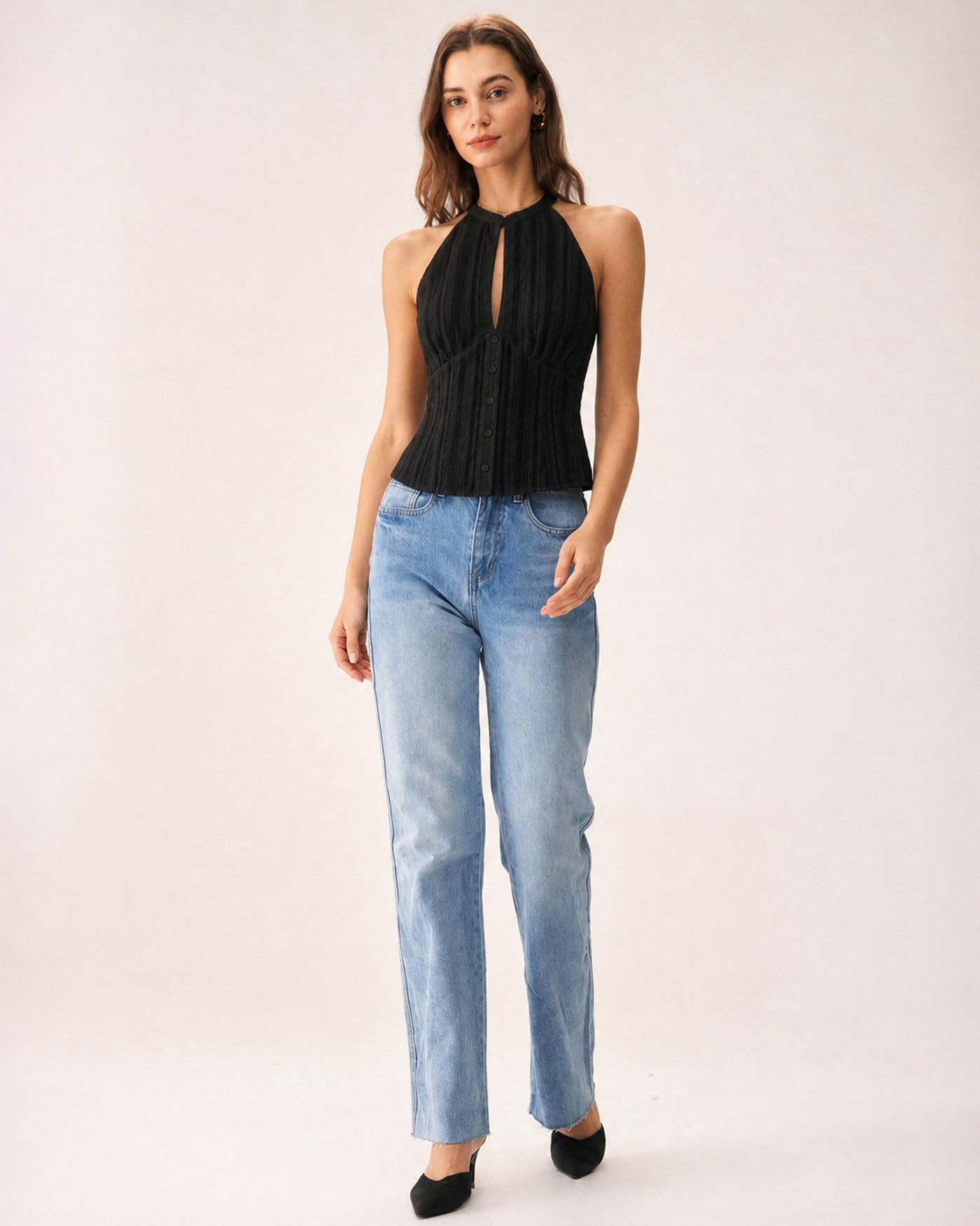 Black Mandarin Collar Cut Out Tank Top