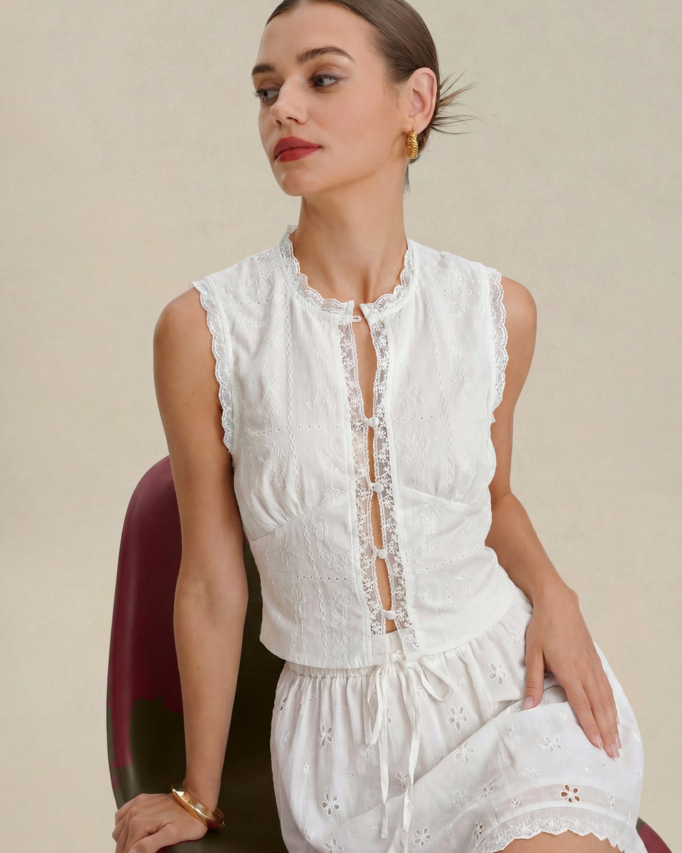 White Embroidery Lace Button Tank Top