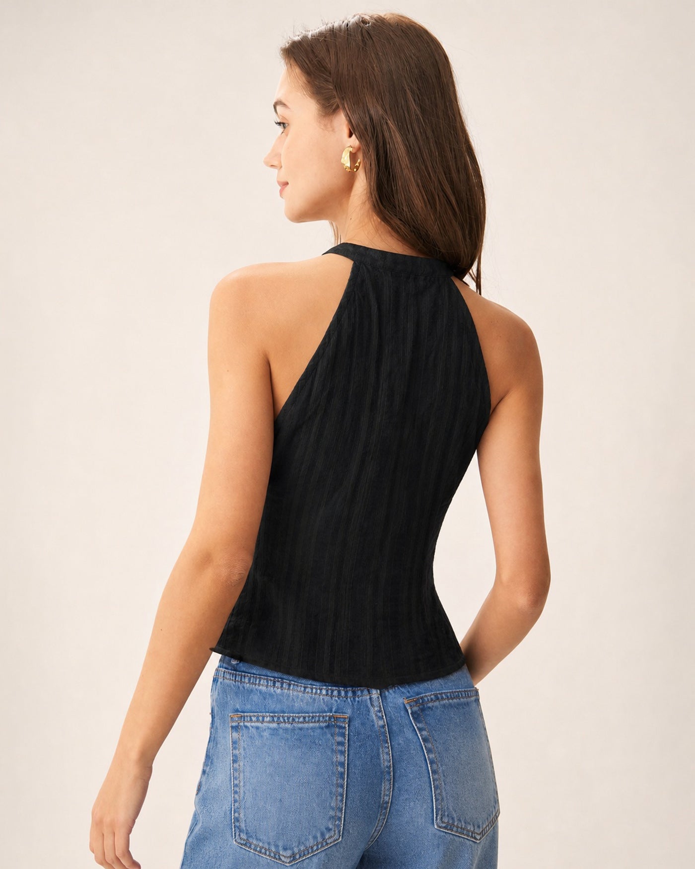 Black Mandarin Collar Cut Out Tank Top