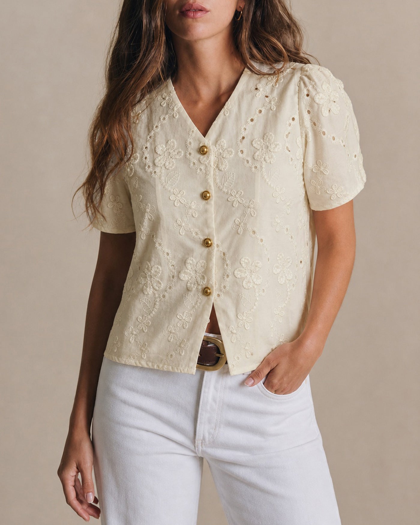 Apricot V Neck Floral Button Tee