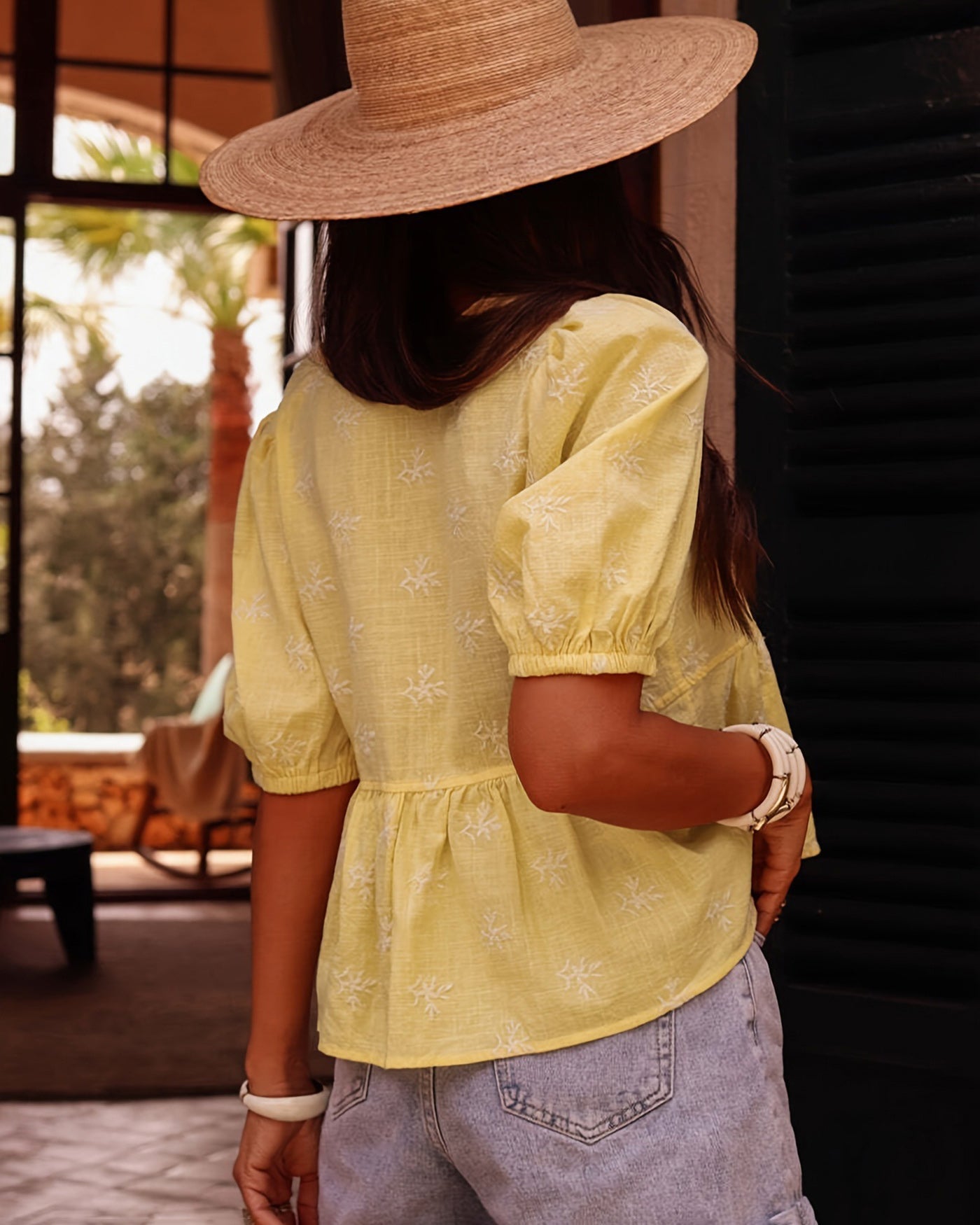 Yellow V Neck Puffed Sleeve Floral Tee