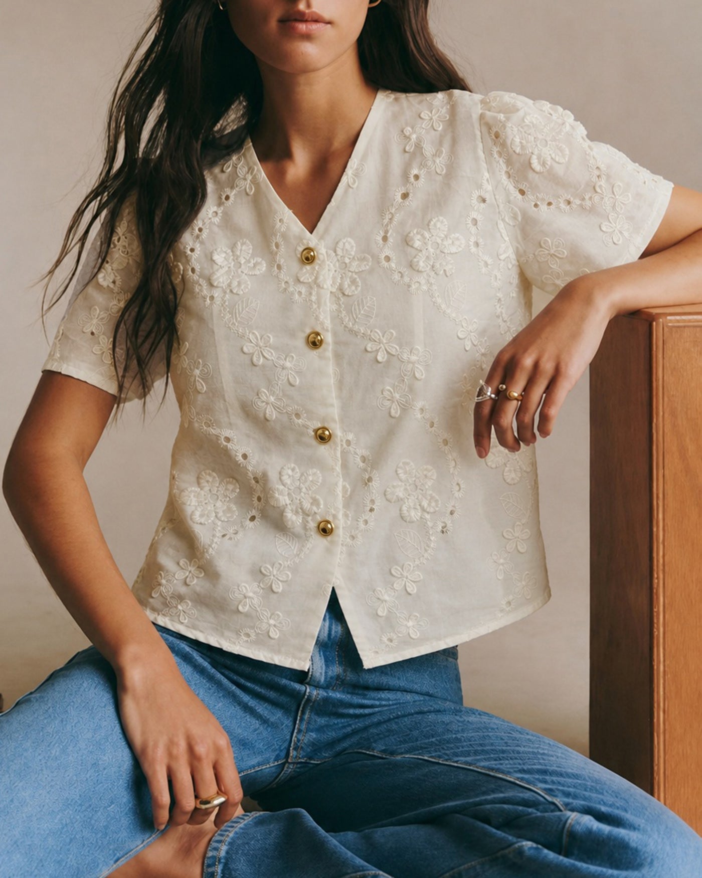 Apricot V Neck Floral Button Tee