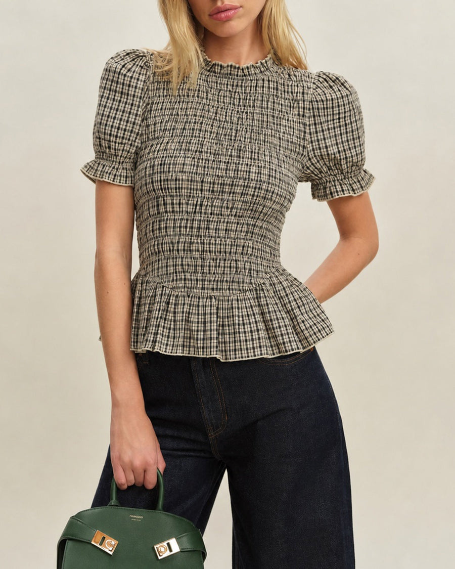 Apricot Lantern Sleeve Shirred Plaid Tee