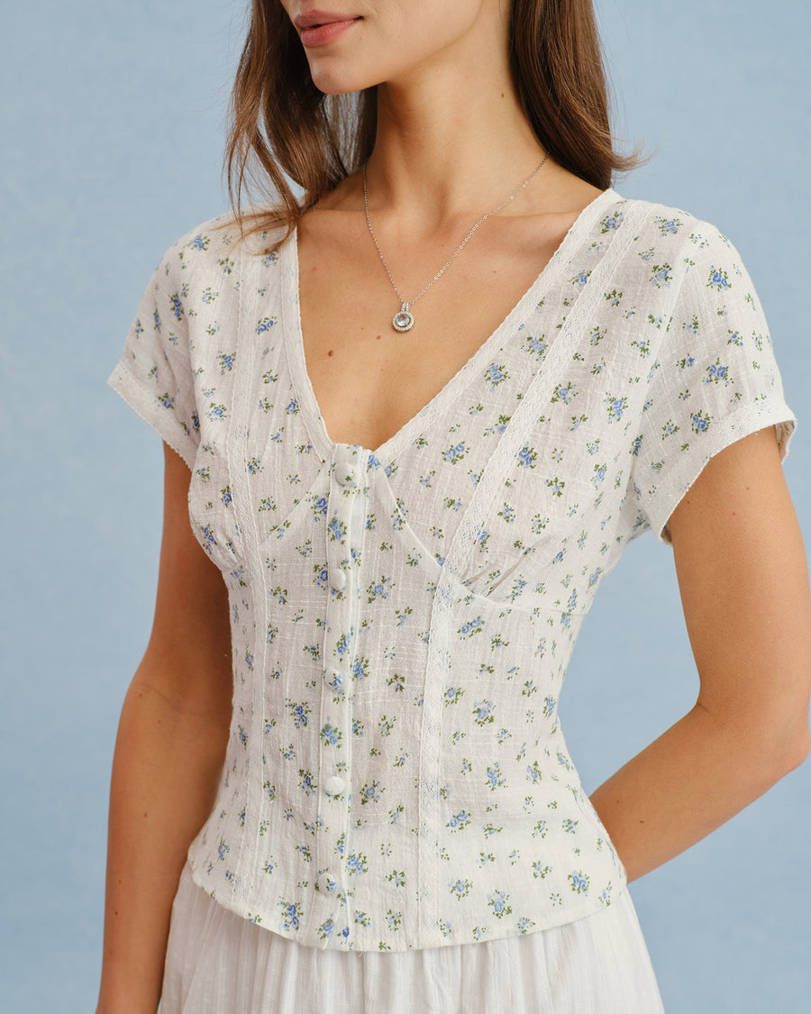 White V Neck Floral Splicing Tee