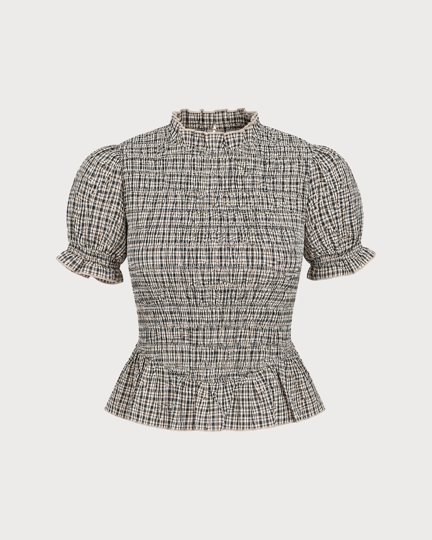 Apricot Lantern Sleeve Shirred Plaid Tee