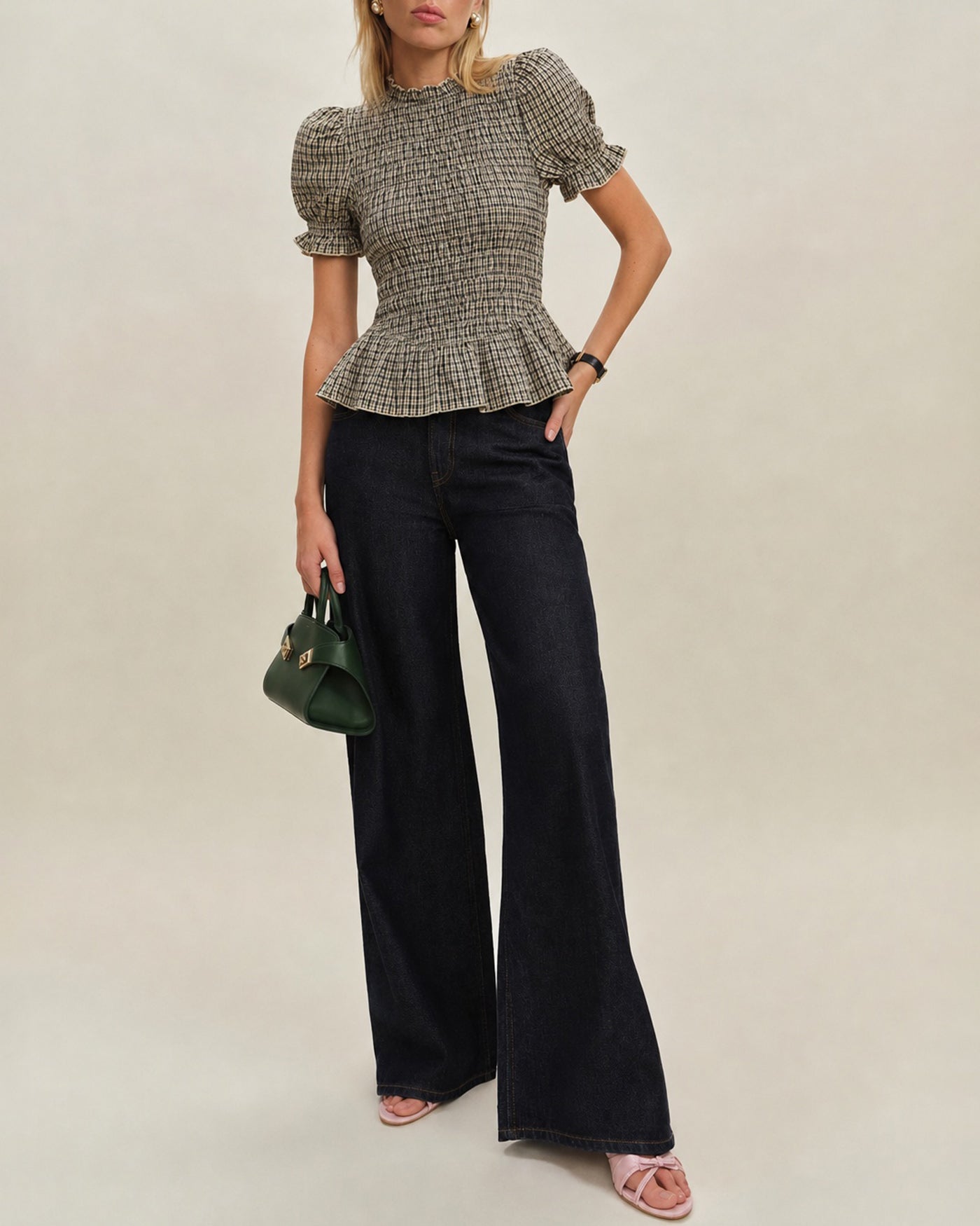 Apricot Lantern Sleeve Shirred Plaid Tee