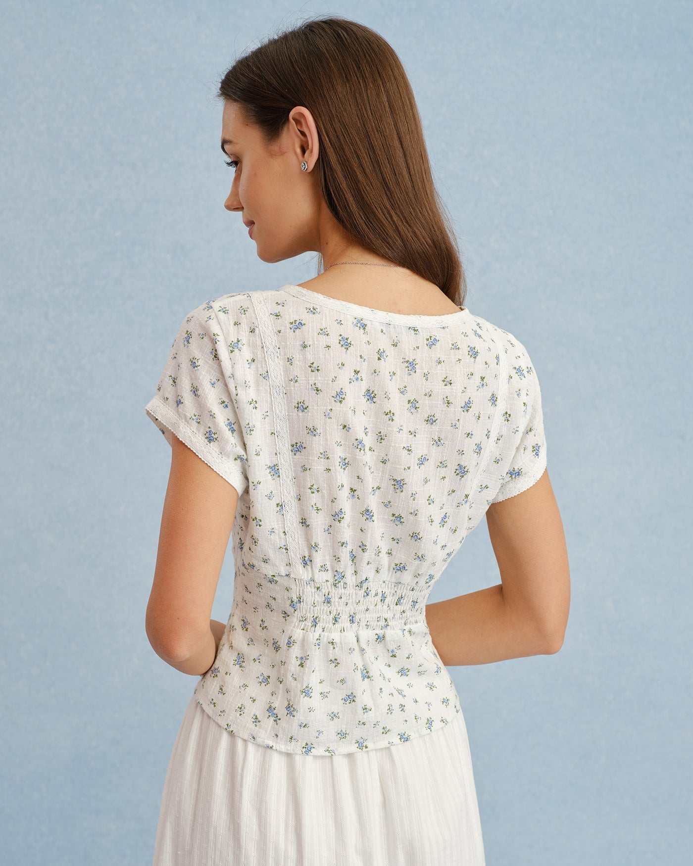 White V Neck Floral Splicing Tee