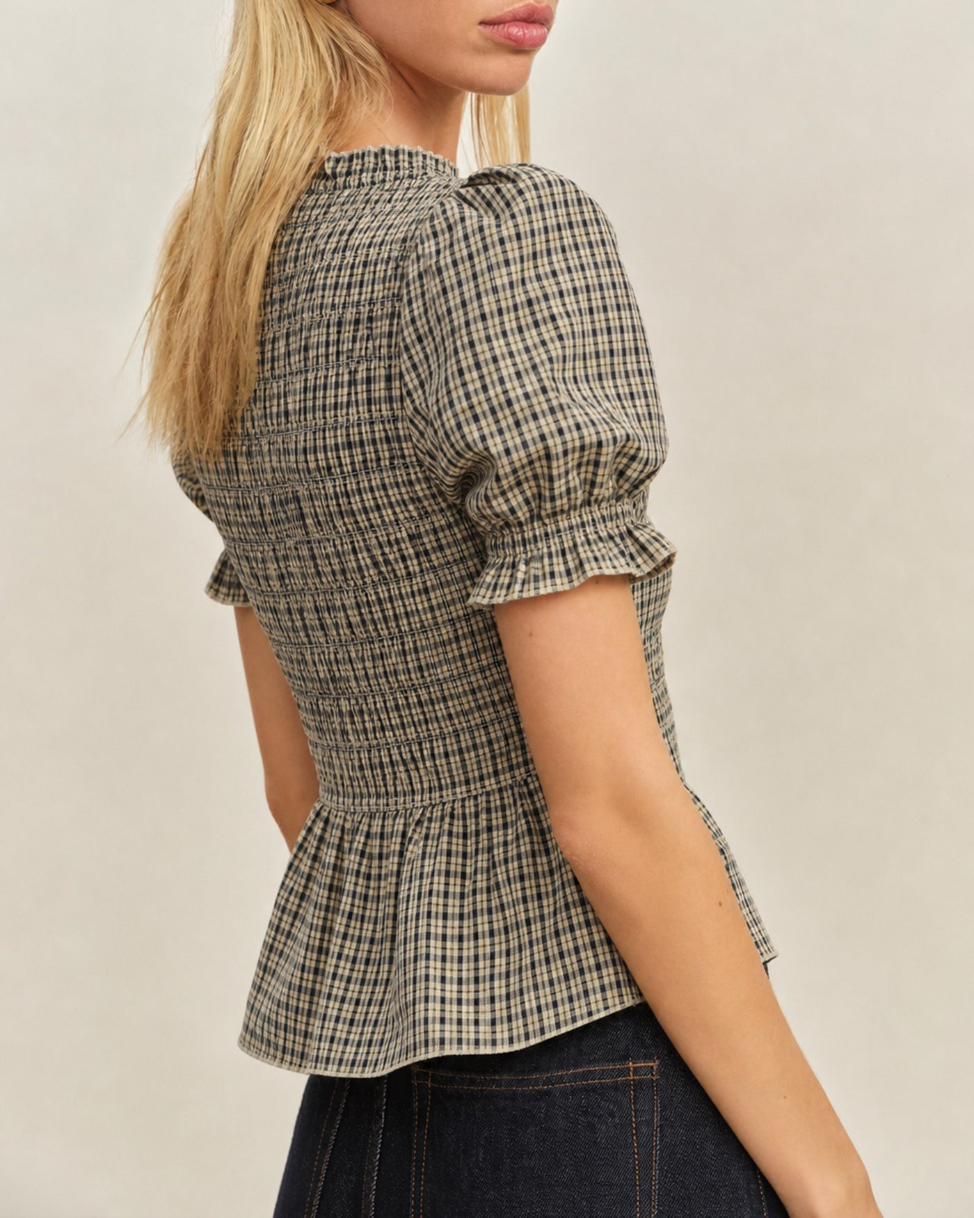 Apricot Lantern Sleeve Shirred Plaid Tee