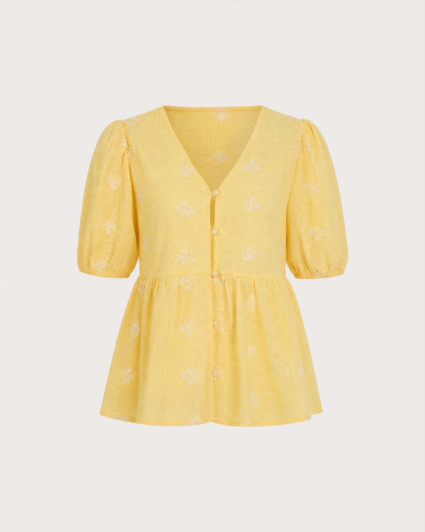 Yellow V Neck Puffed Sleeve Floral Tee