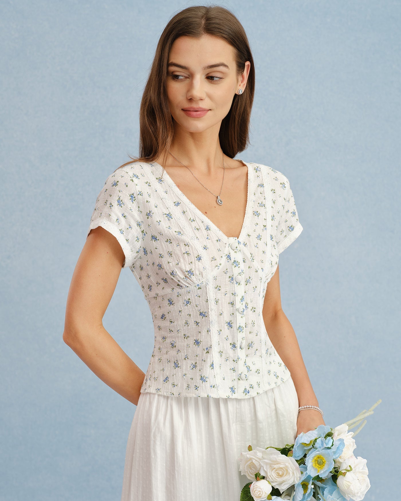 White V Neck Floral Splicing Tee