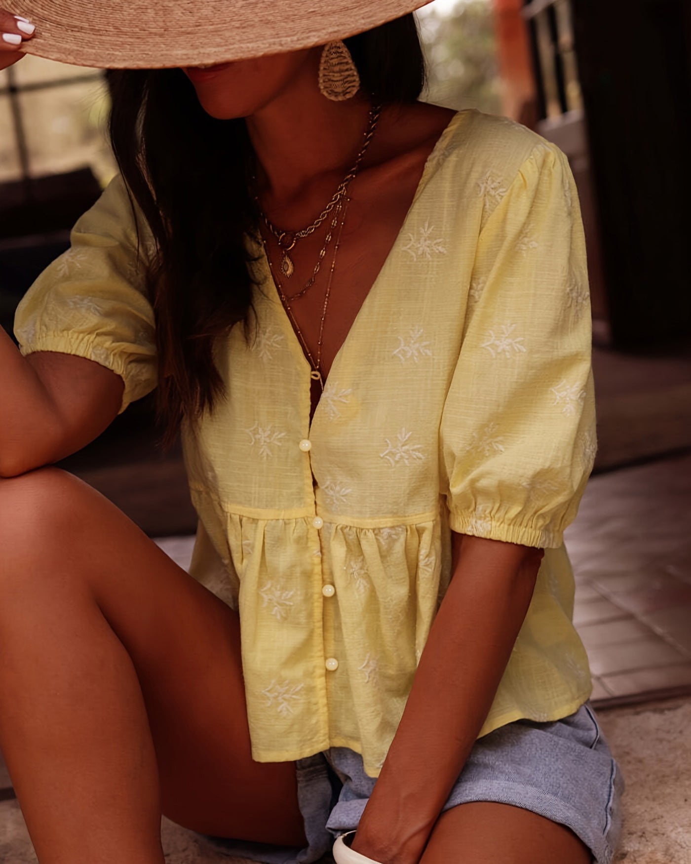 Yellow V Neck Puffed Sleeve Floral Tee