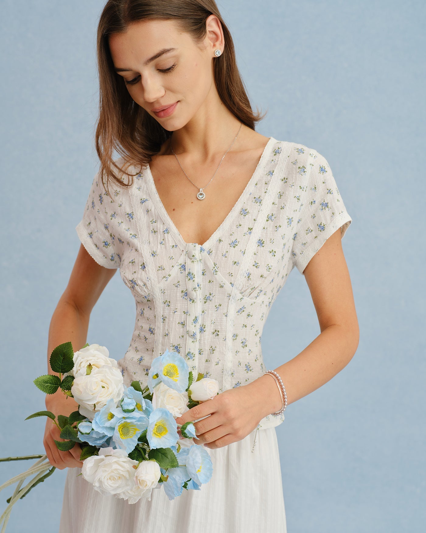 White V Neck Floral Splicing Tee