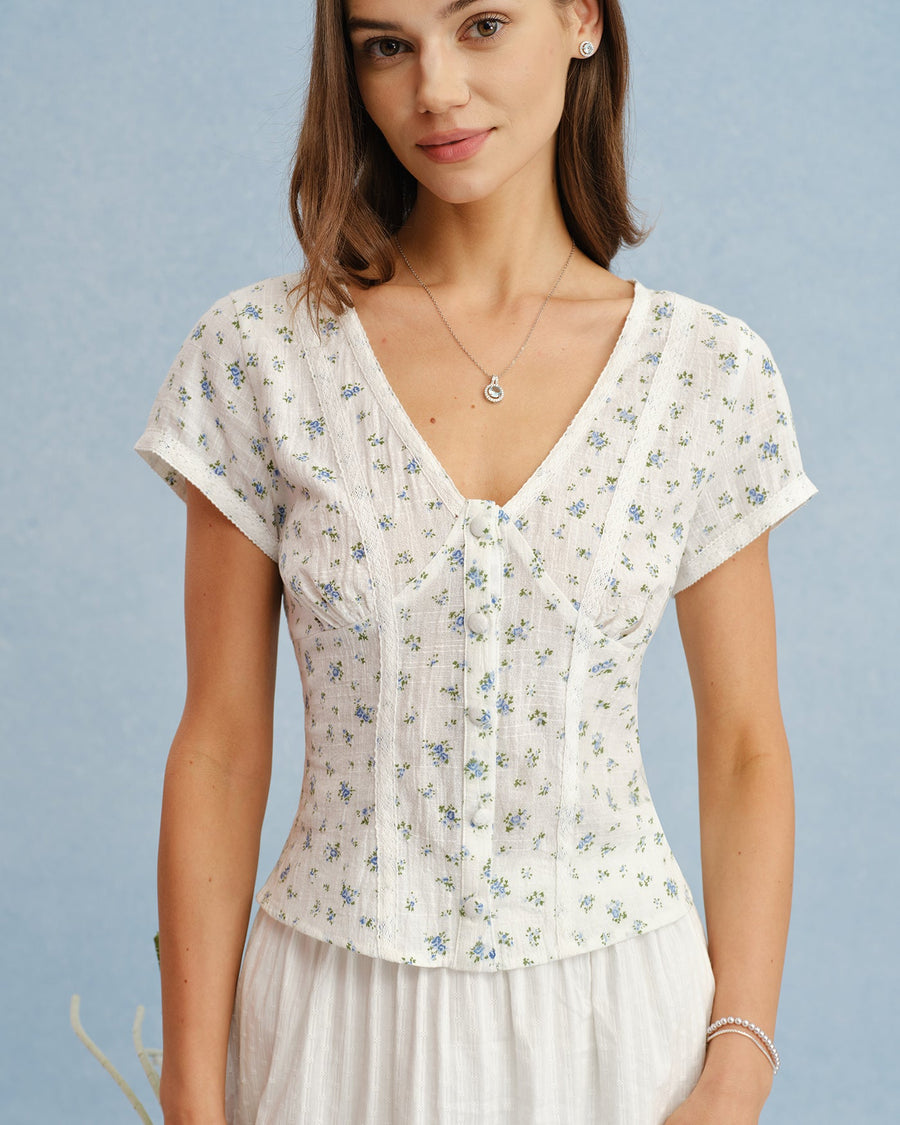 White V Neck Floral Splicing Tee