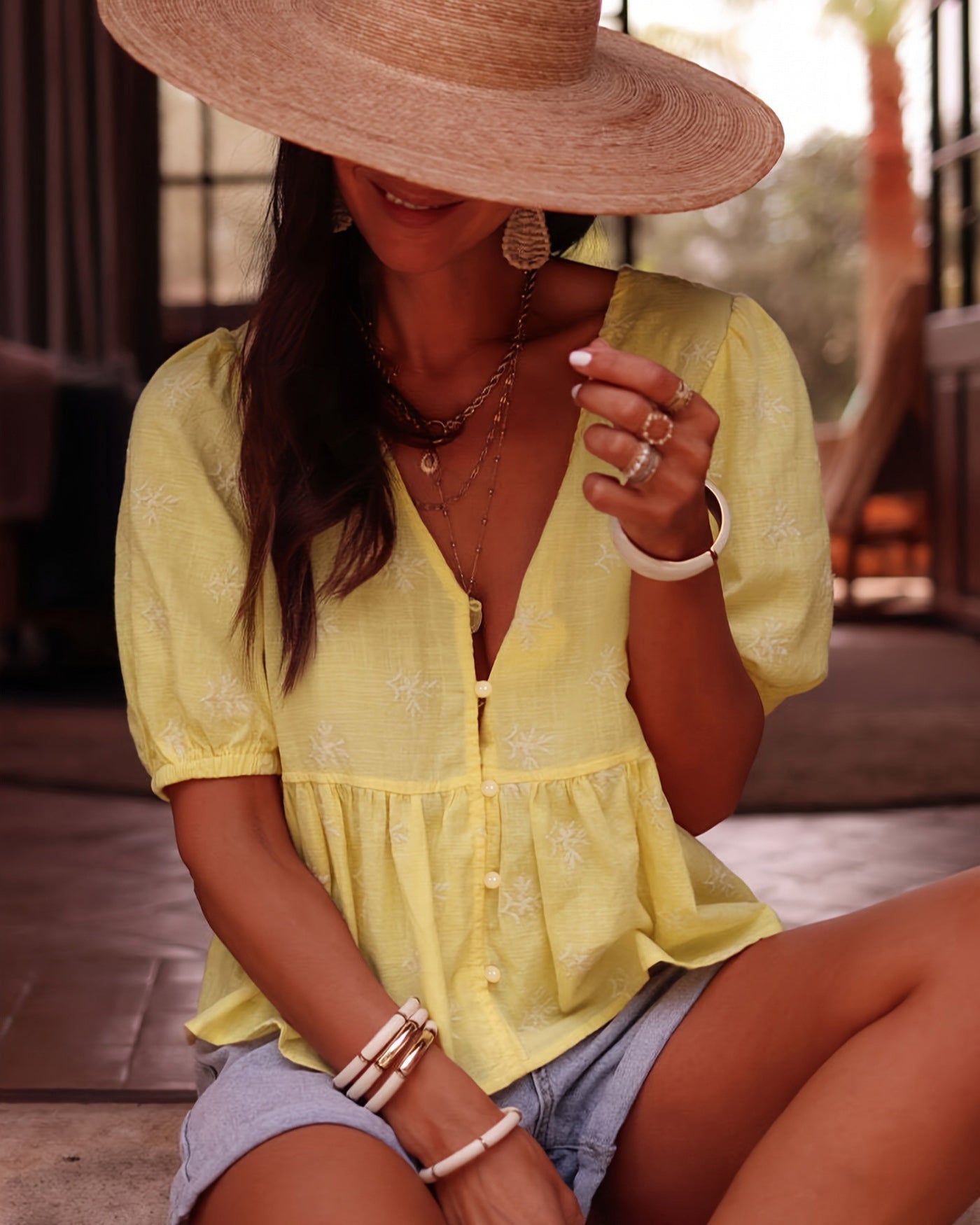 Yellow V Neck Puffed Sleeve Floral Tee