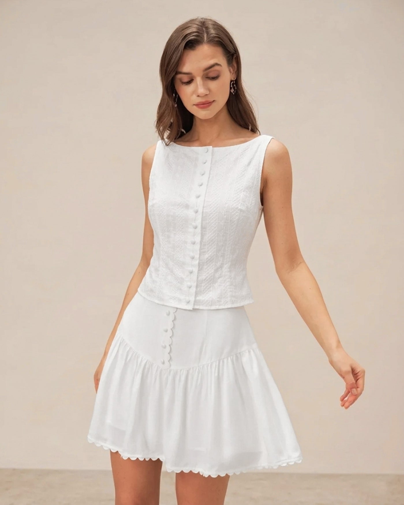 White Textured Boat Neck Button Vest
