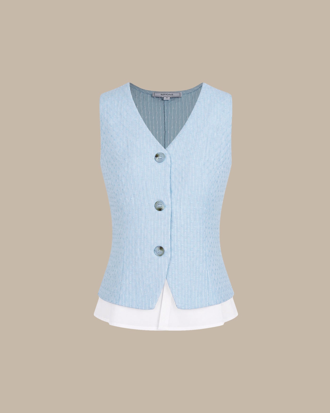 Blue V Neck Textured Single Breasted Vest