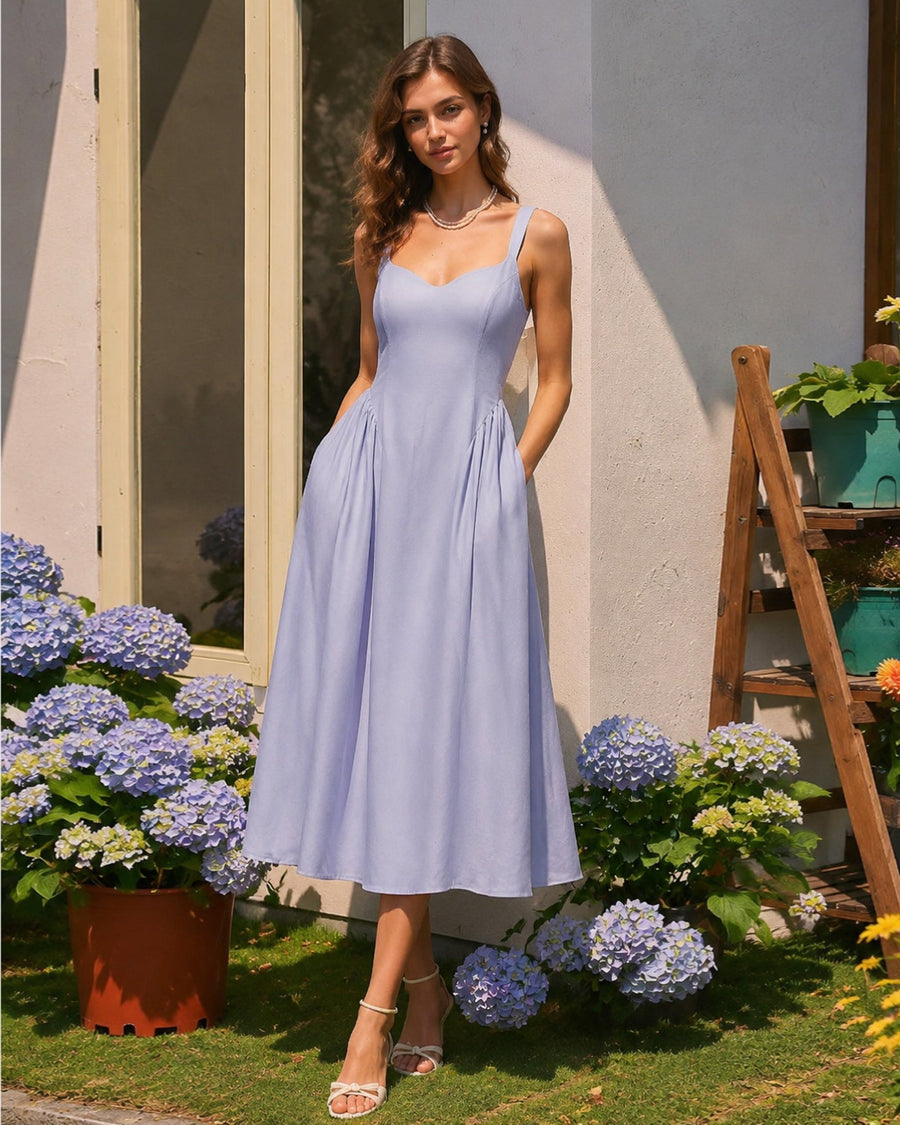 Light Blue Ruched Slip Midi Dress