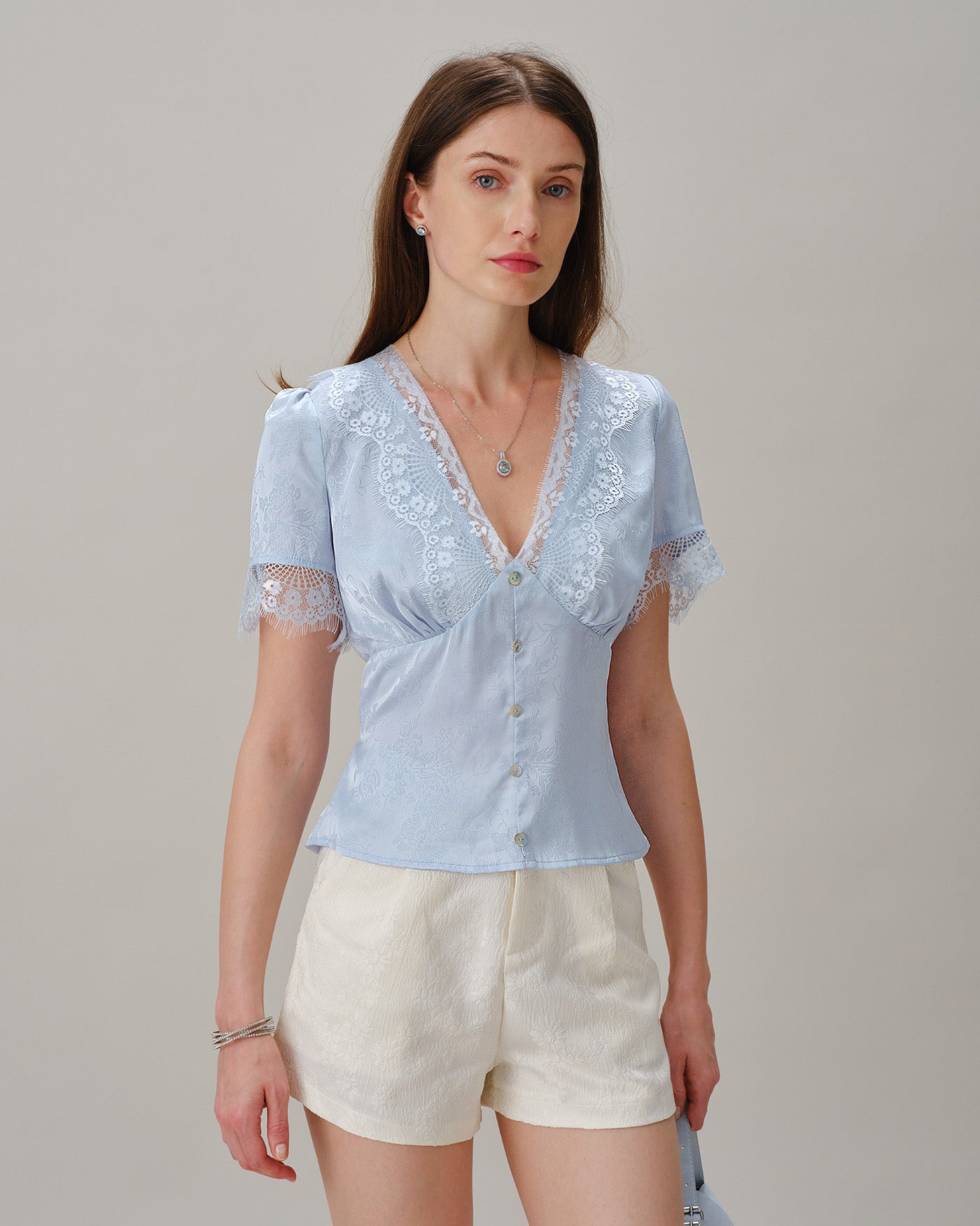 Blue V Neck Lace Jacquard Blouse