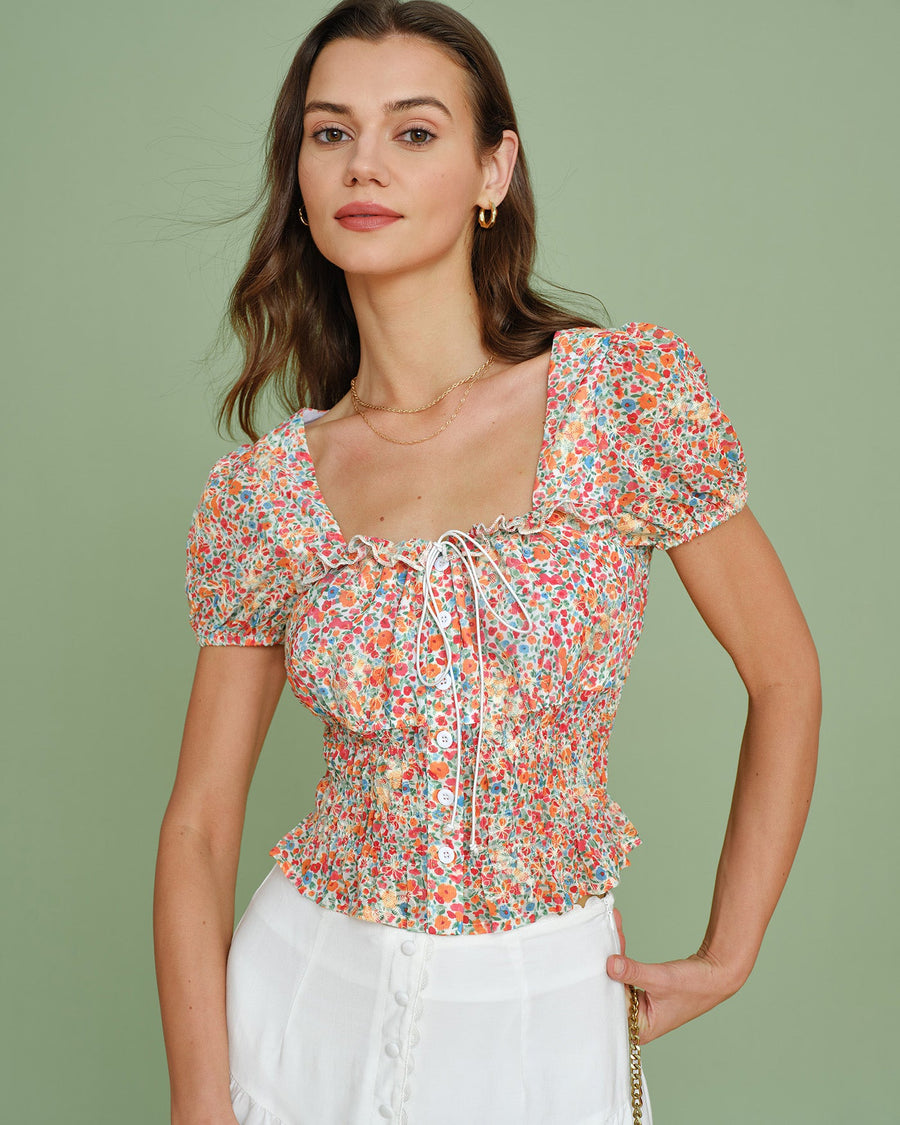 Floral Square Neck Puffed Sleeve Blouse