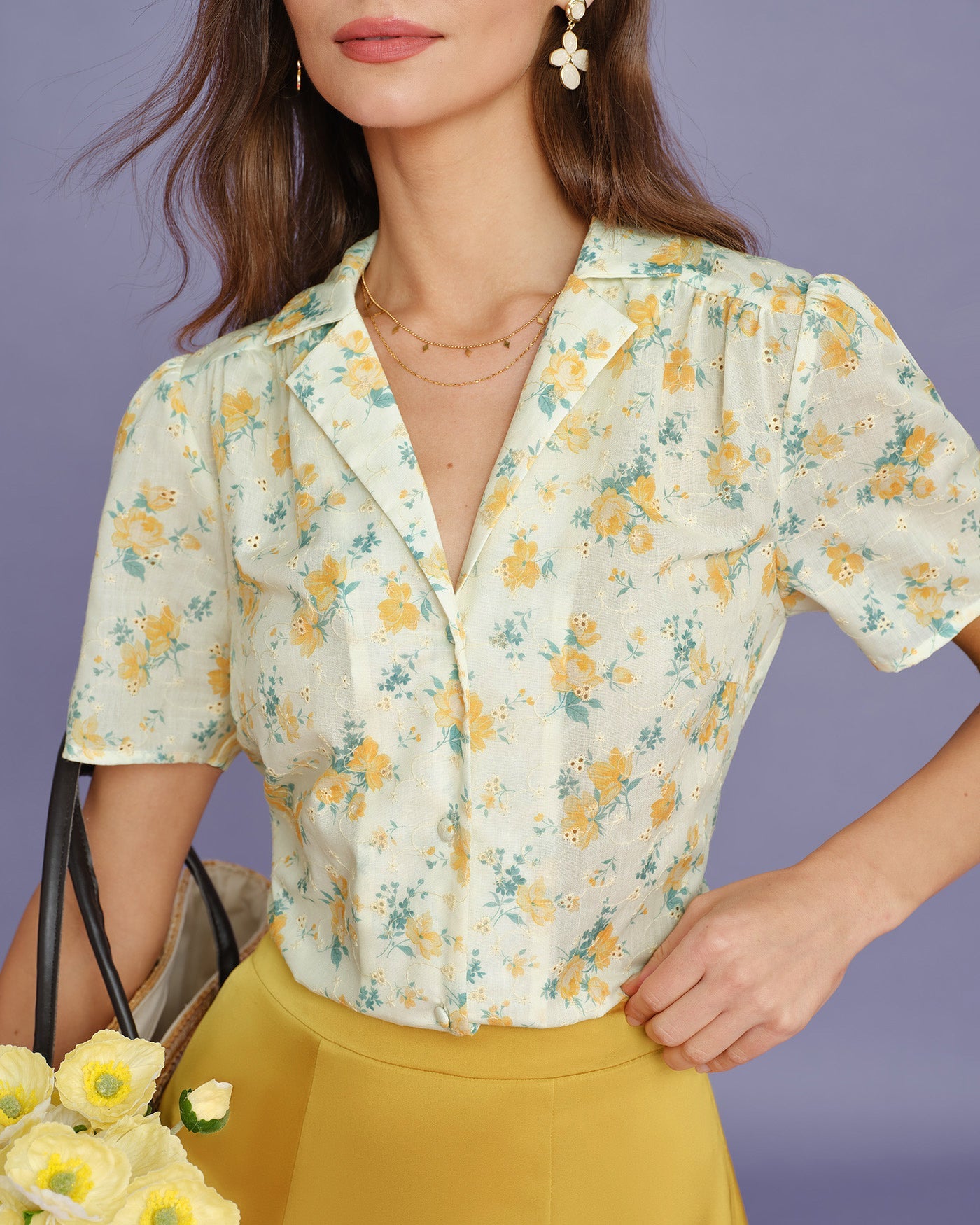 Yellow Collar Puffed Sleeve Floral Blouse