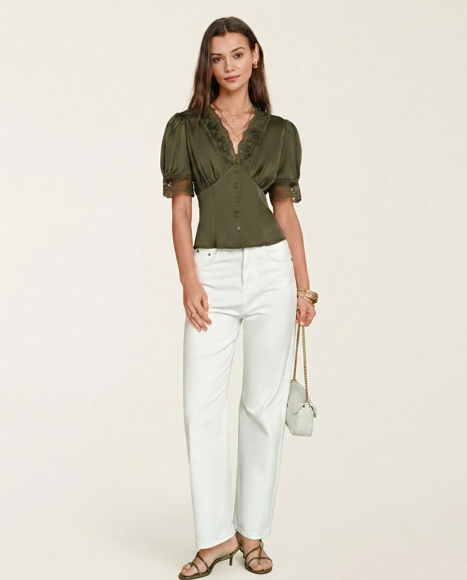 Green V Neck Puffed Sleeve Lace Blouse