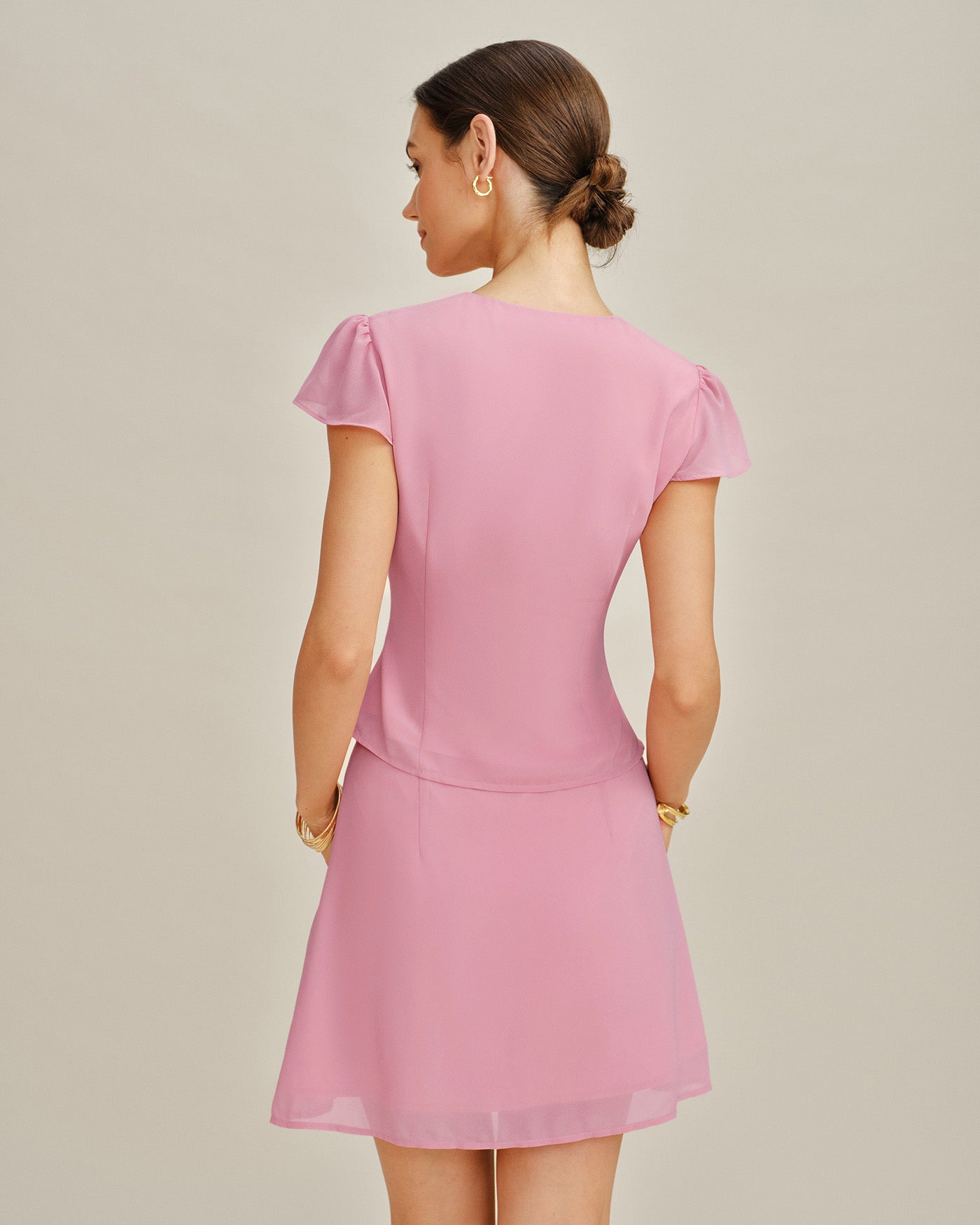 Pink Cut Out Button Chiffon Blouse