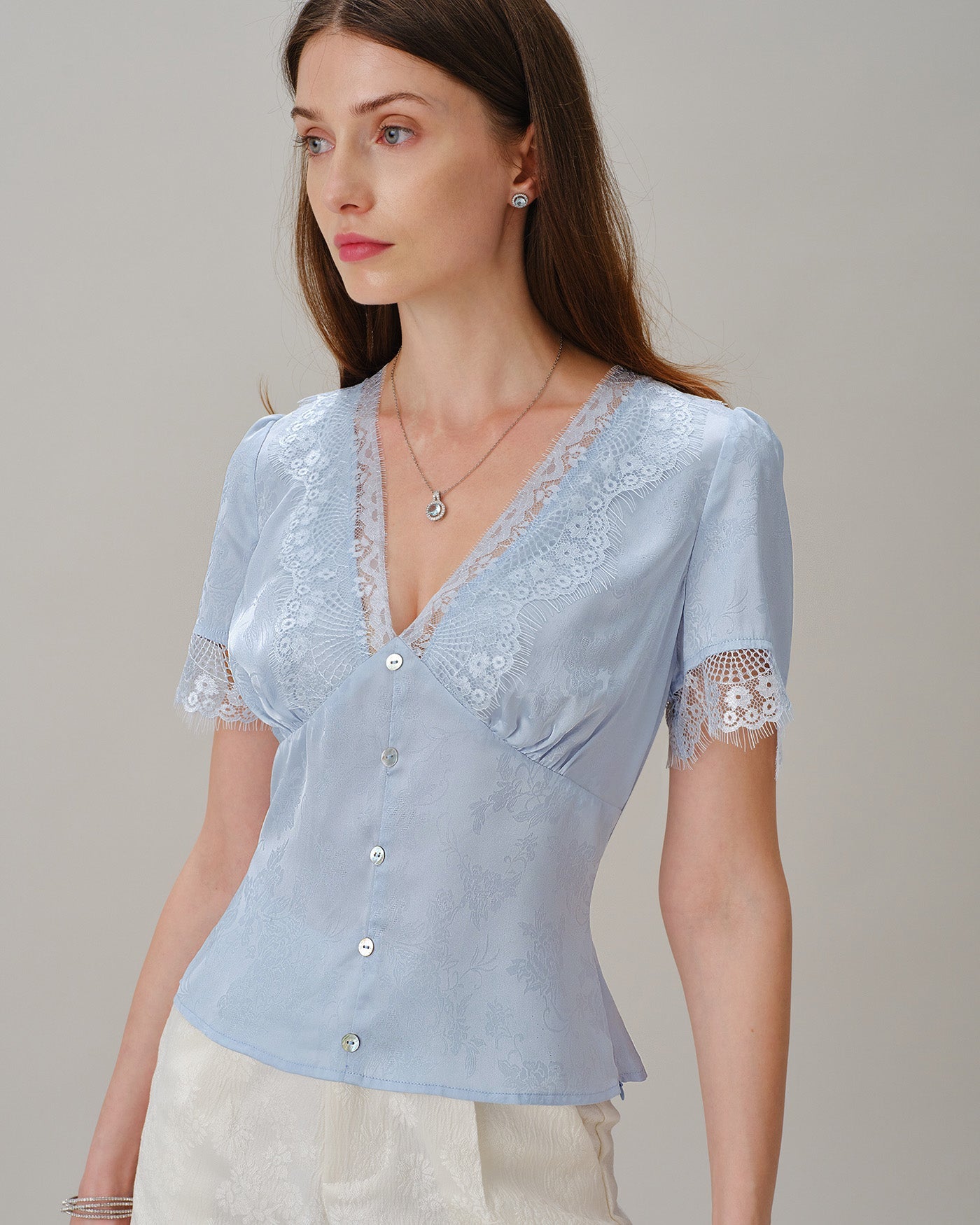 Blue V Neck Lace Jacquard Blouse