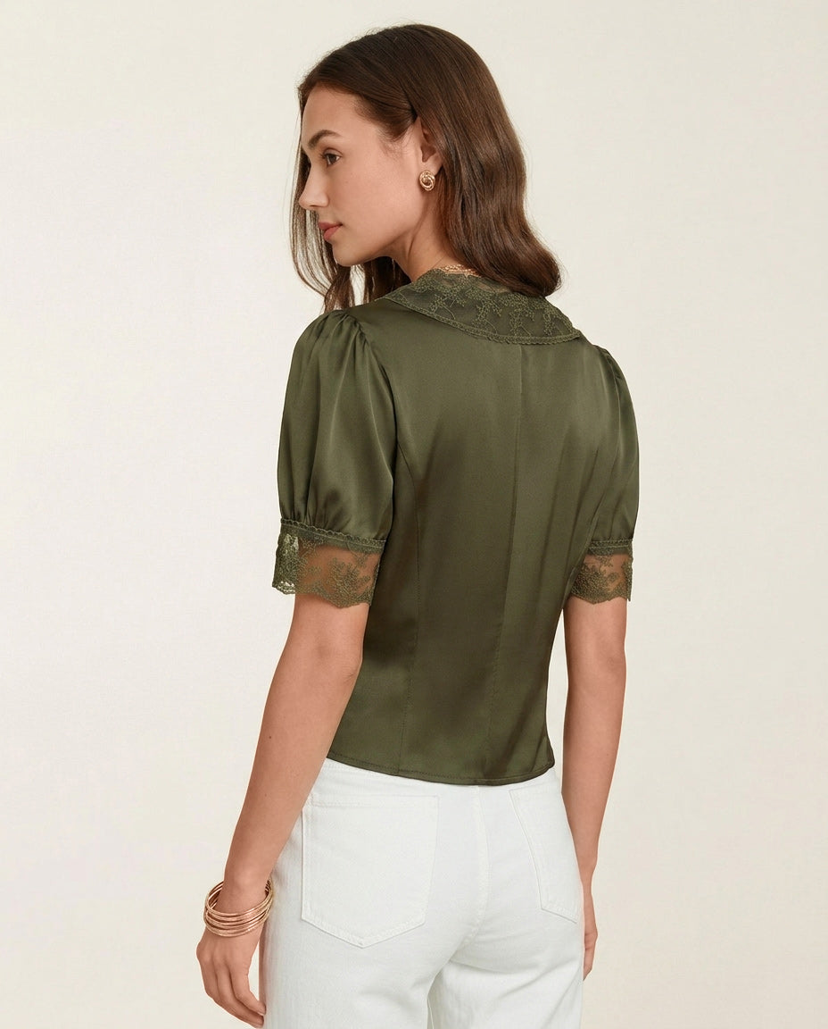 Green V Neck Puffed Sleeve Lace Blouse