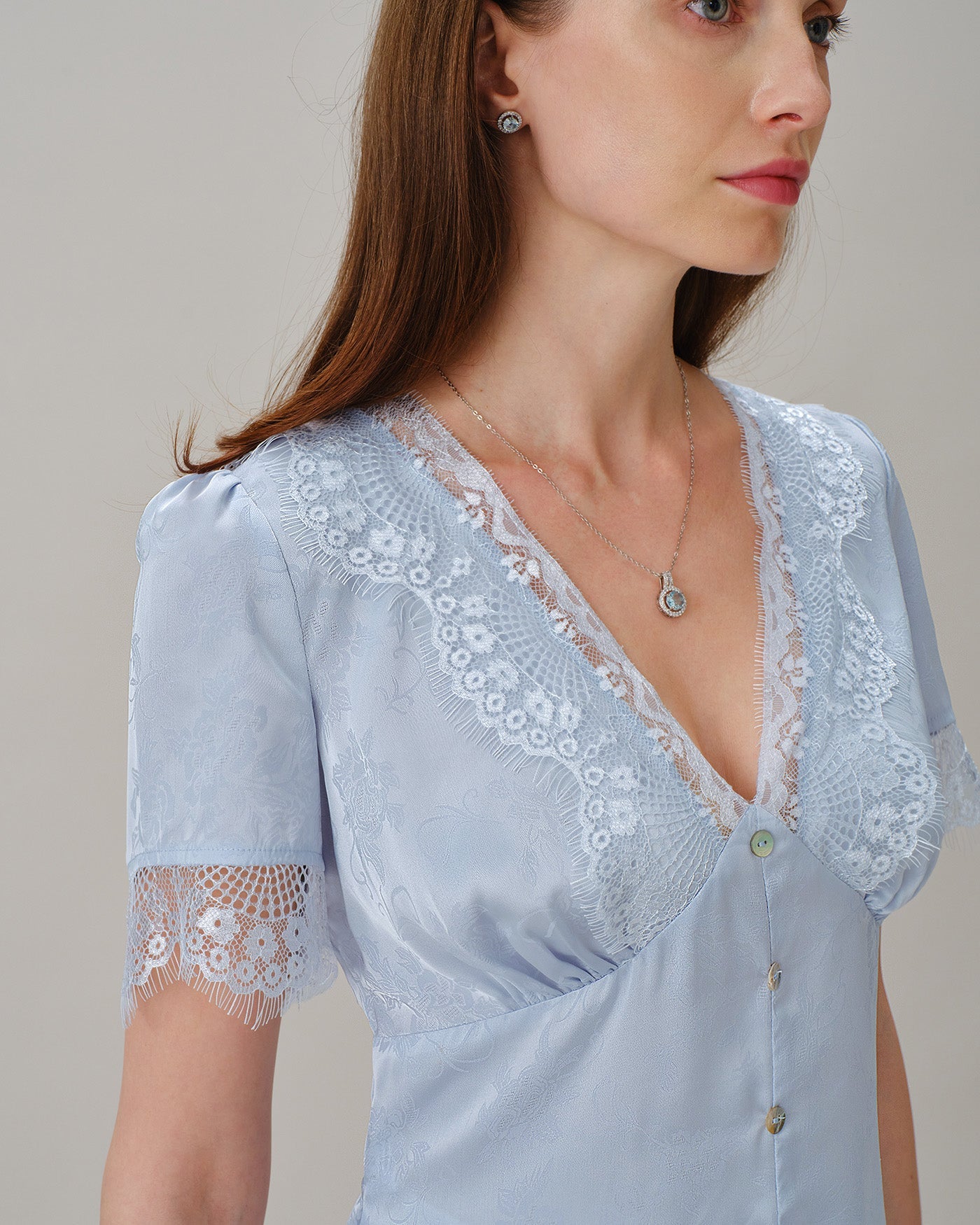 Blue V Neck Lace Jacquard Blouse